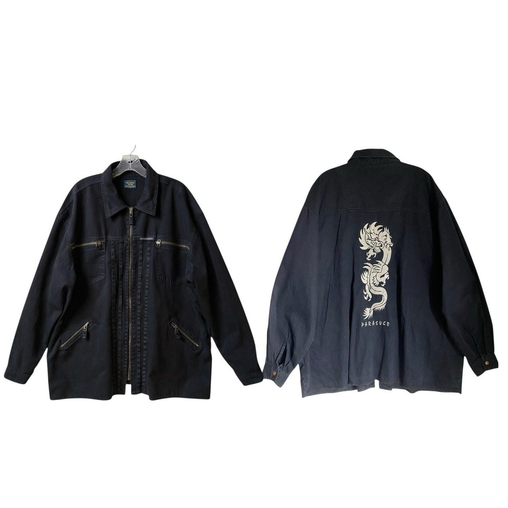 Vintage Parasuco Jeans Utility Jacket L Black Embroidered Dragon Grunge Workwear